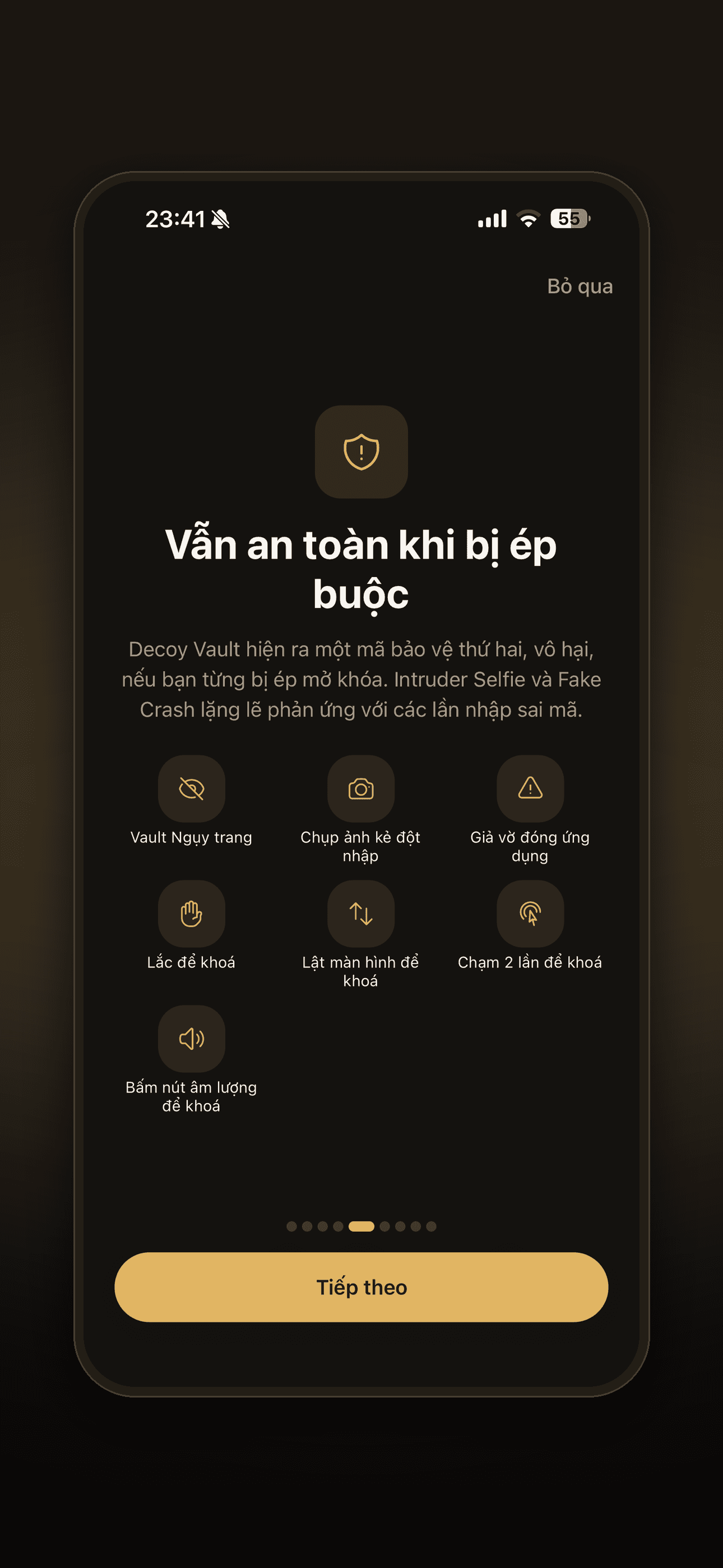 Màn hình các lớp bảo vệ khi bị ép mở khoá: kho giả, ảnh kẻ xâm nhập, giả sập nguồn